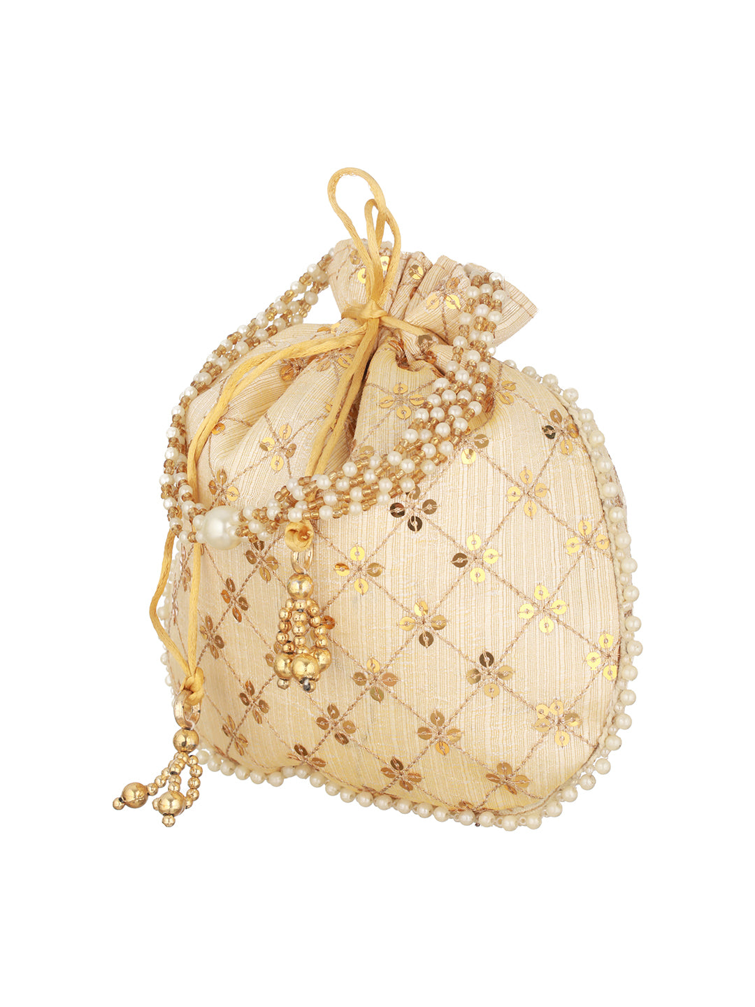 Gold-Coloured & Gold-Toned Embellished Potli Clutch - Jazzandsizzle