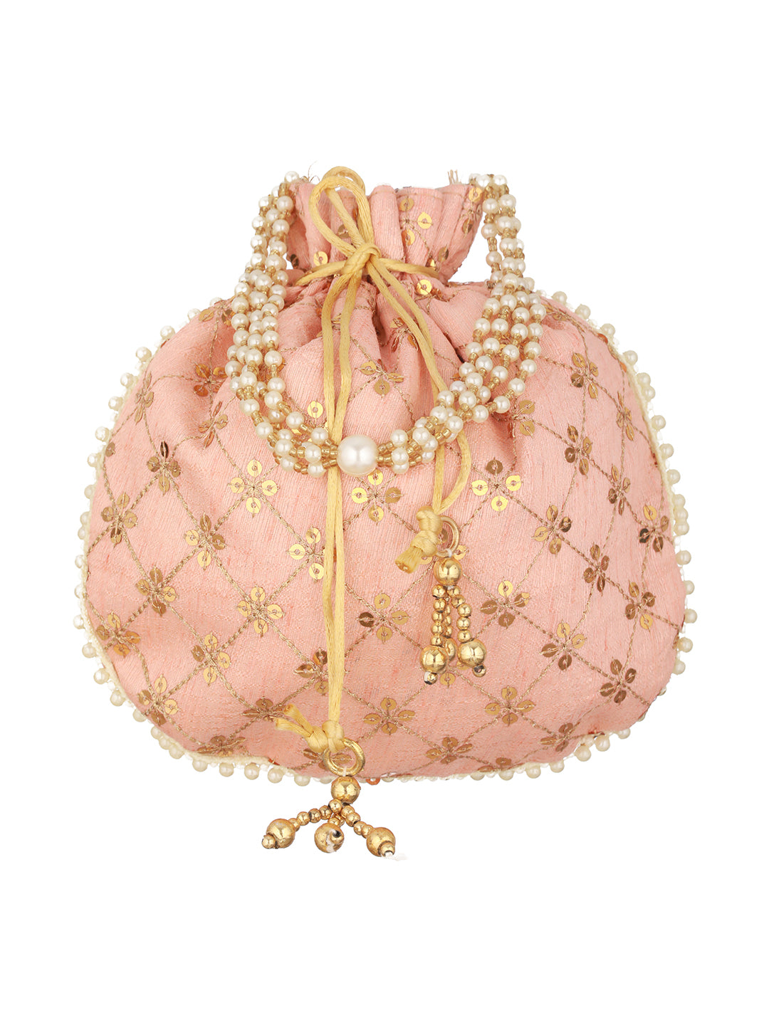 Peach-Coloured & Gold-Toned Embellished Potli Clutch - Jazzandsizzle