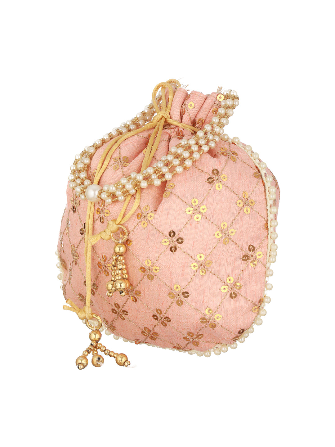 Peach-Coloured & Gold-Toned Embellished Potli Clutch - Jazzandsizzle