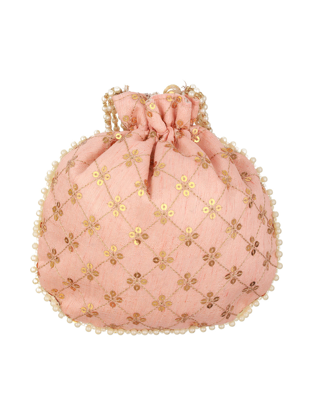 Peach-Coloured & Gold-Toned Embellished Potli Clutch - Jazzandsizzle