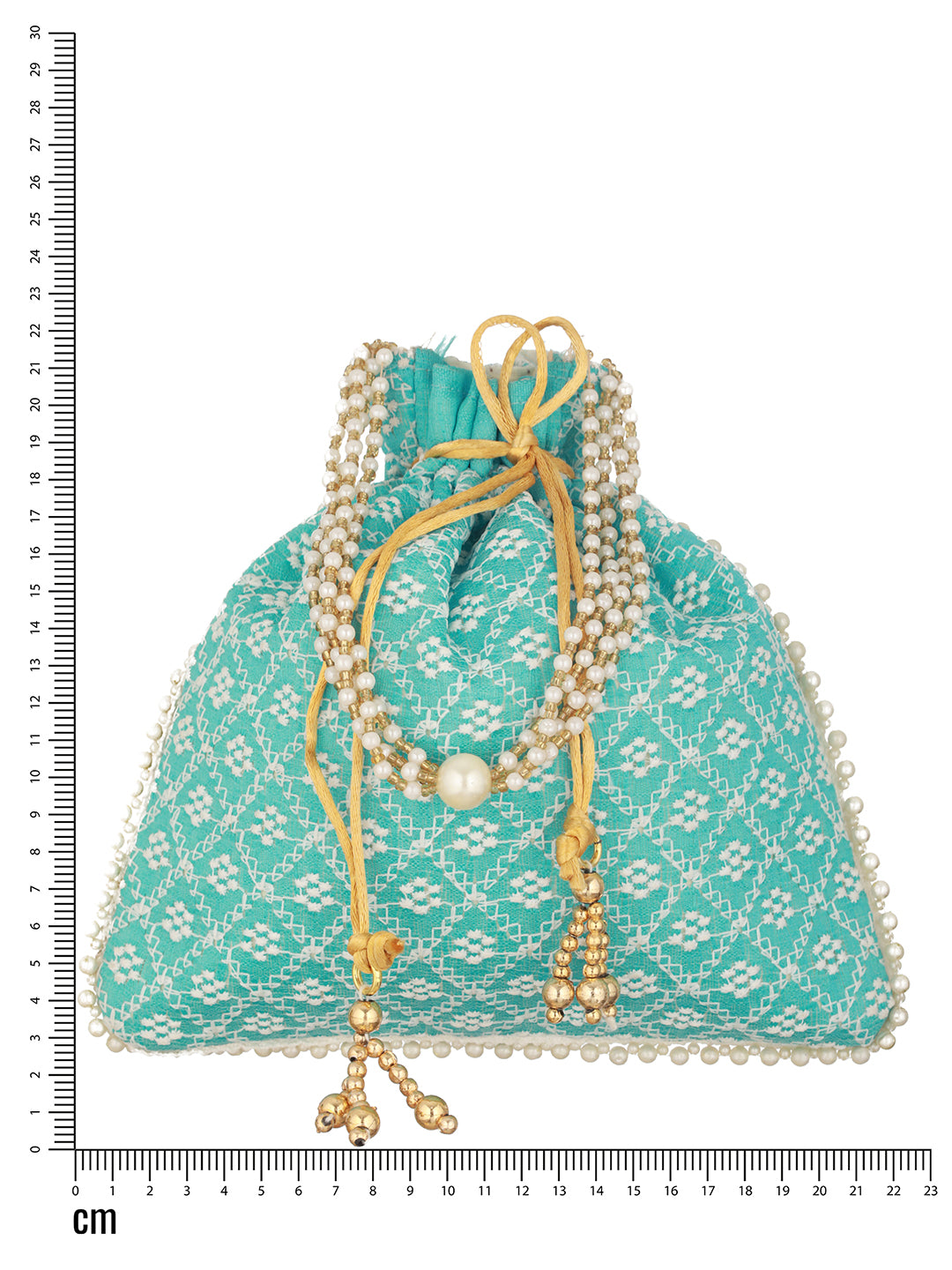 Turquoise Blue & Gold-Toned Chikan Embroidered work Potli Clutch - Jazzandsizzle