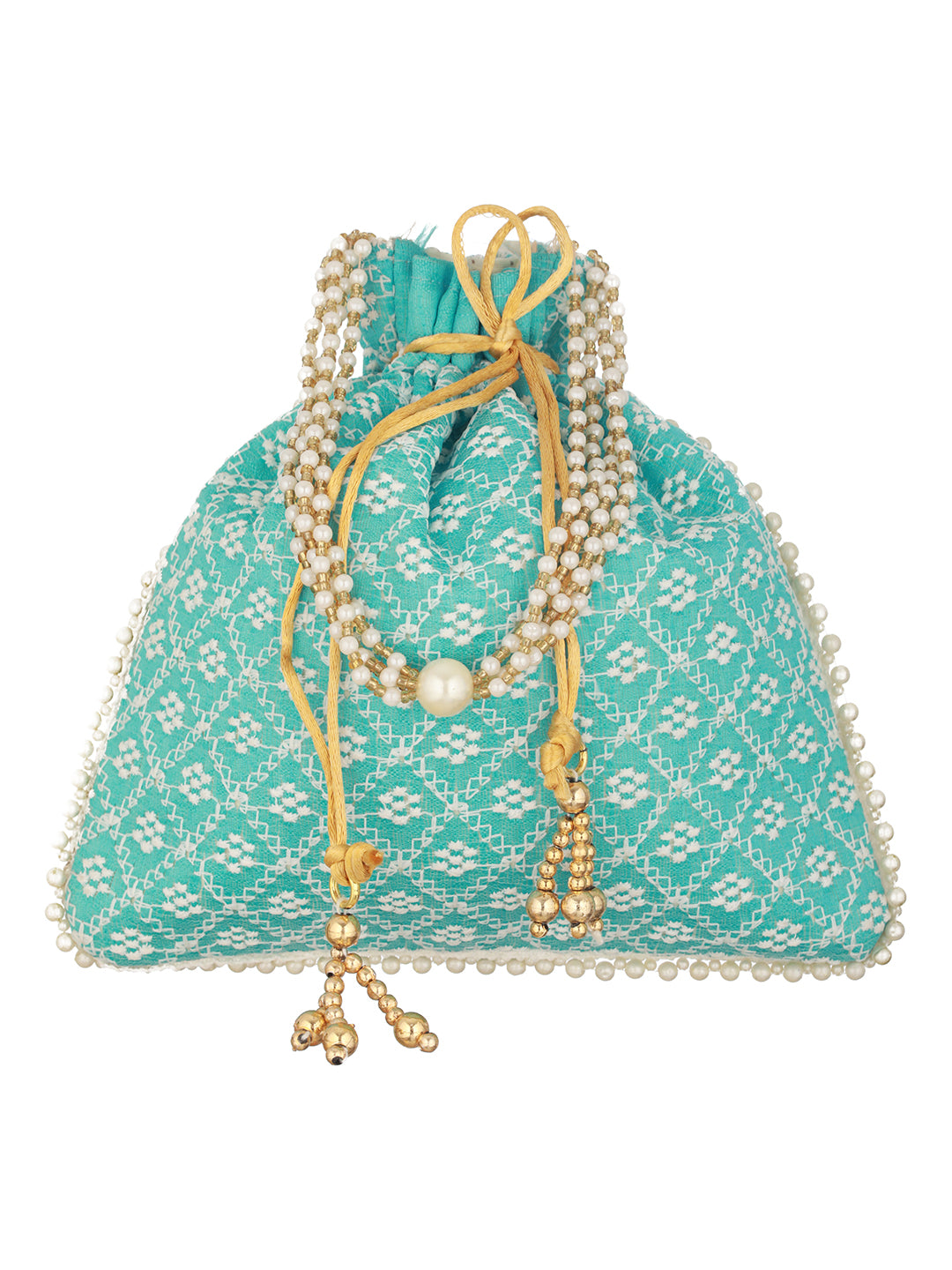 Turquoise Blue & Gold-Toned Chikan Embroidered work Potli Clutch - Jazzandsizzle