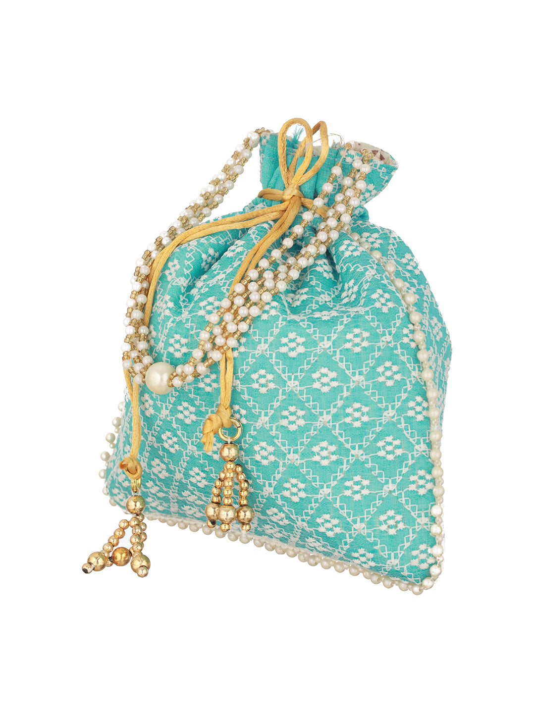 Turquoise Blue & Gold-Toned Chikan Embroidered work Potli Clutch - Jazzandsizzle