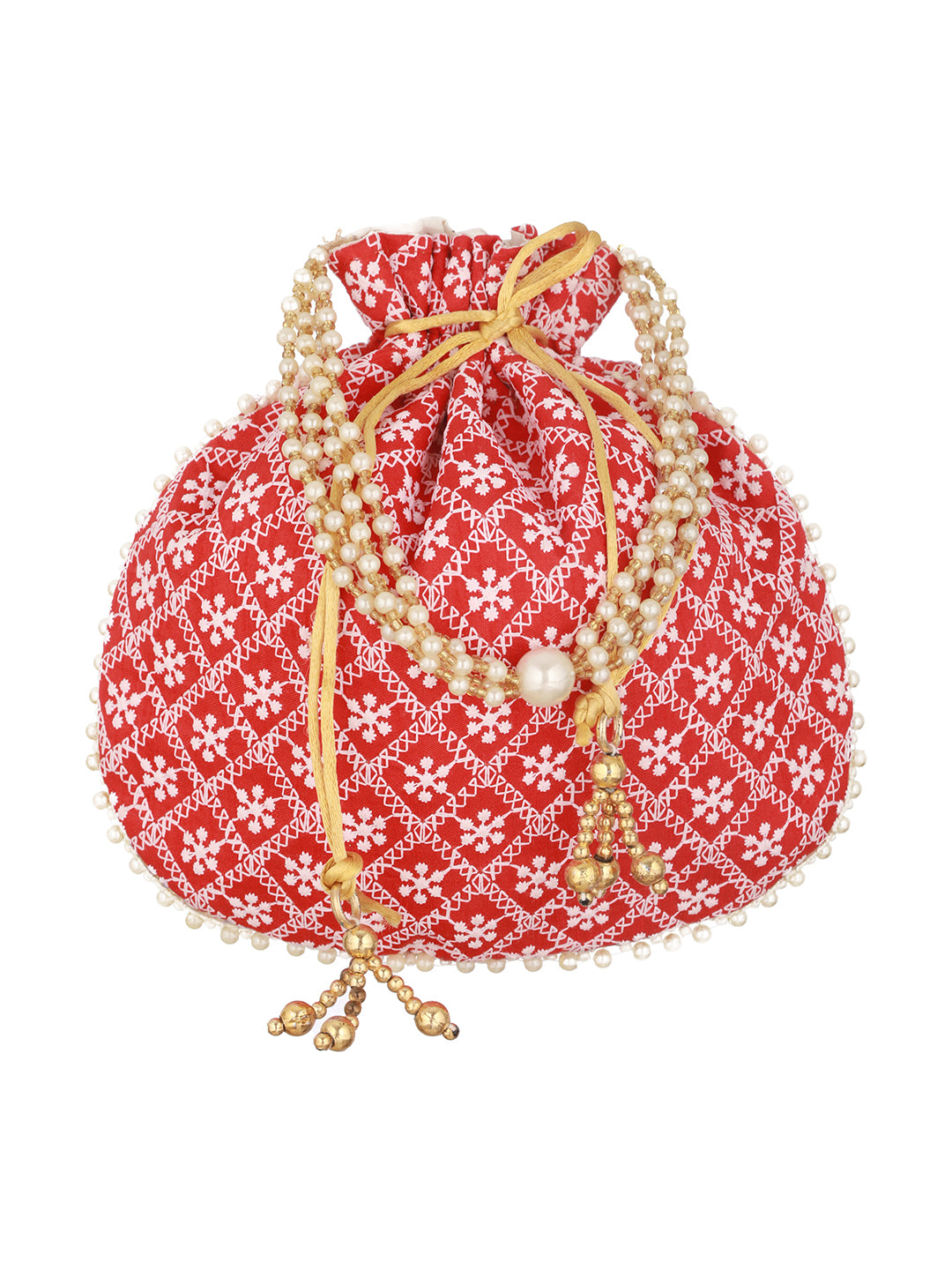 Red & Gold-Toned Chikan Embroidered work Potli Clutch - Jazzandsizzle