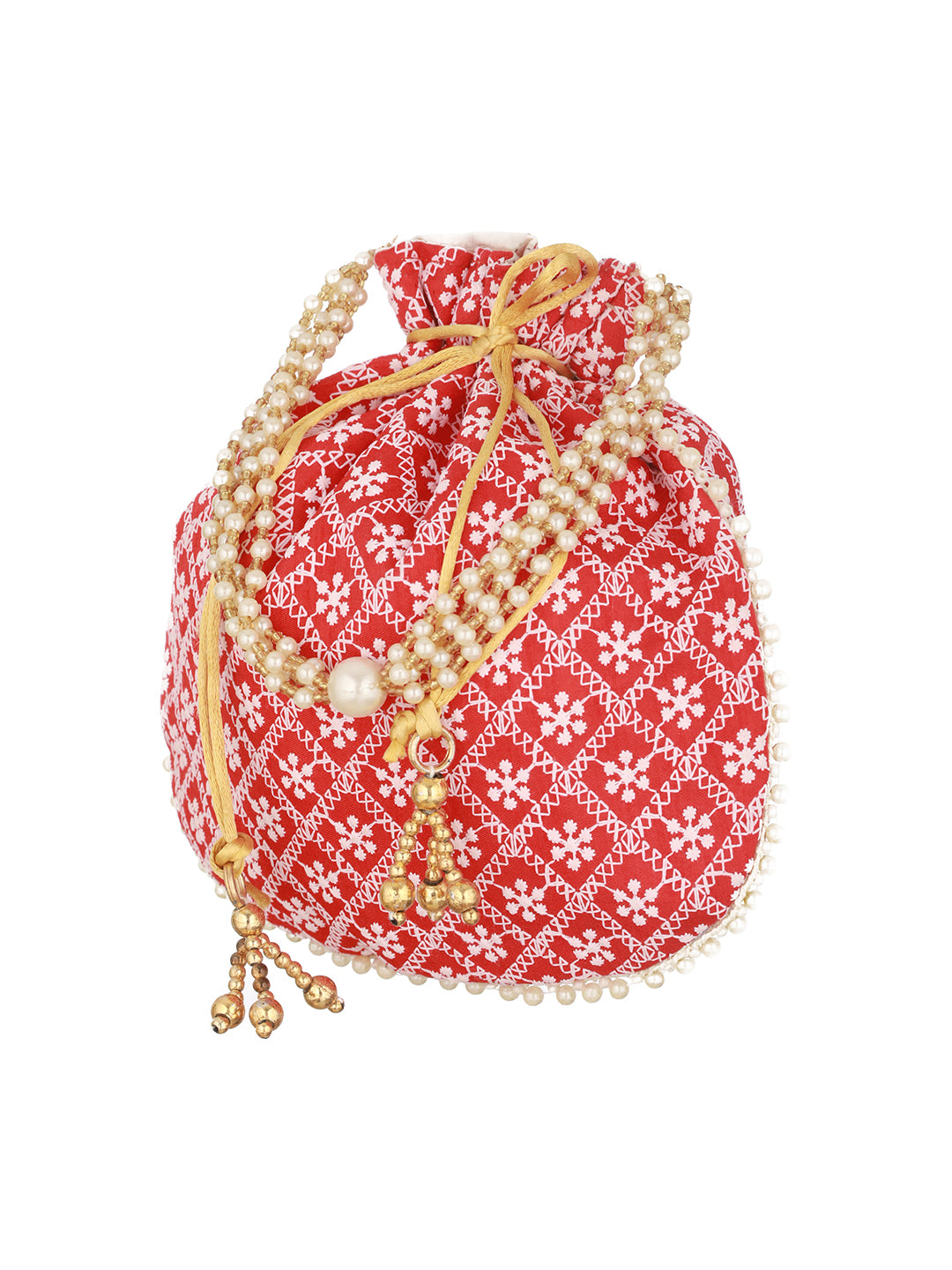 Red & Gold-Toned Chikan Embroidered work Potli Clutch - Jazzandsizzle