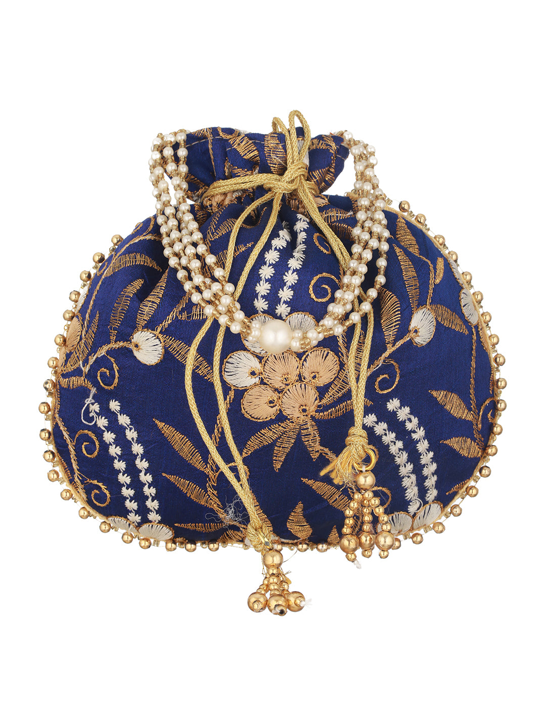 Royal Blue & Gold Embroidered Embellished Potli Clutch - Jazzandsizzle