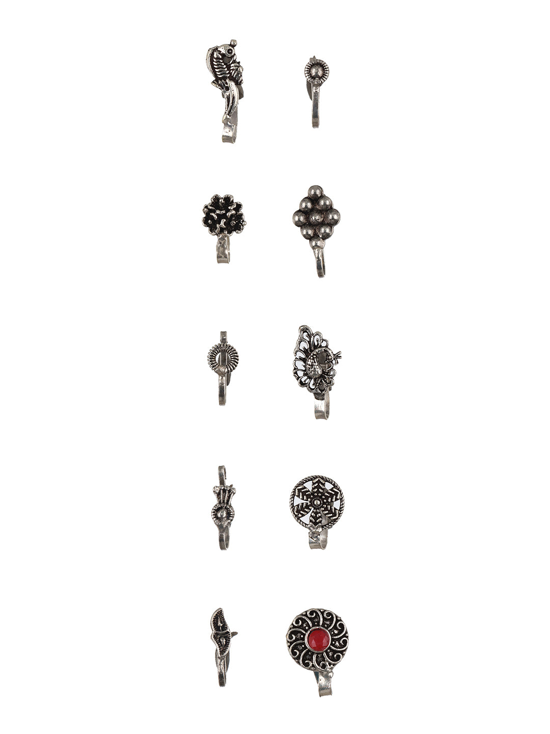 Set of 10 Silver-Plated Oxidised Stone Studded Nose Pins