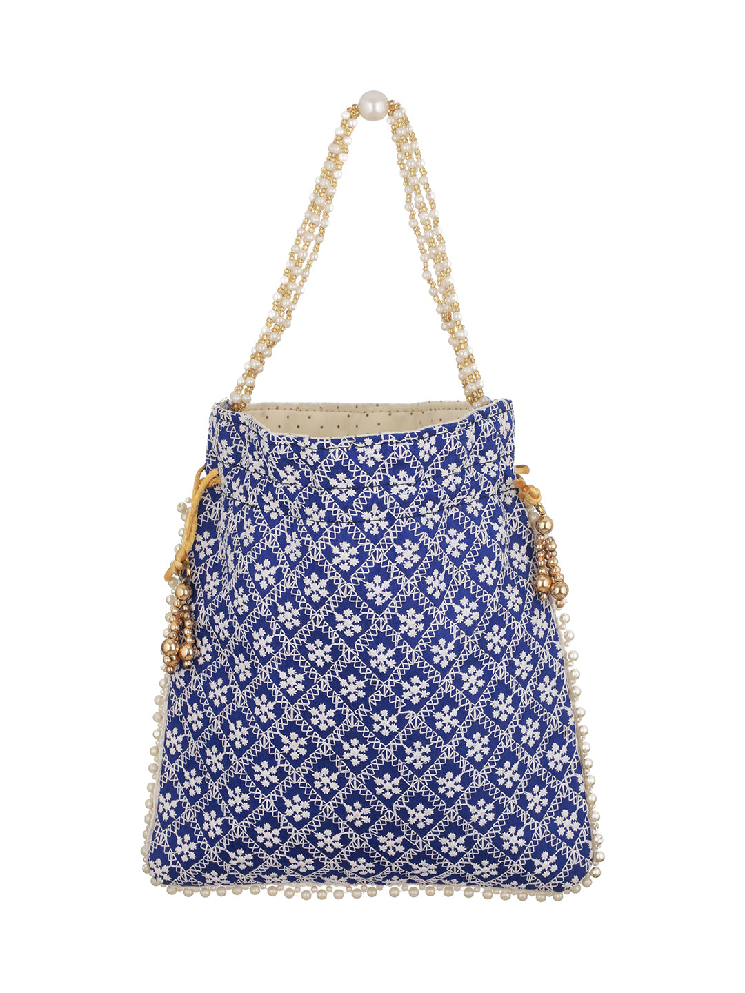 Blue & Gold-Toned Chikan Embroidered work Potli Clutch - Jazzandsizzle