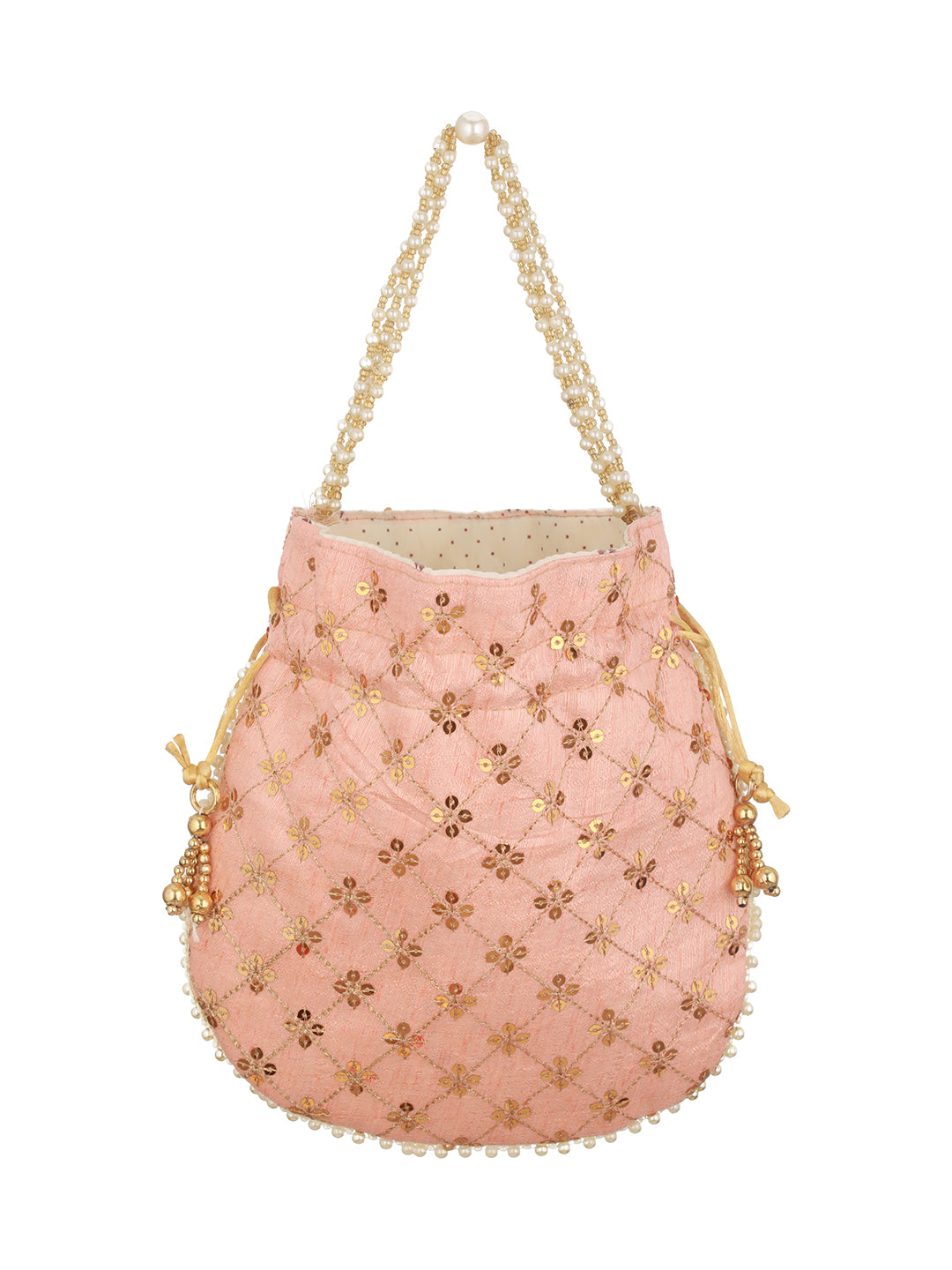Peach-Coloured & Gold-Toned Embellished Potli Clutch - Jazzandsizzle