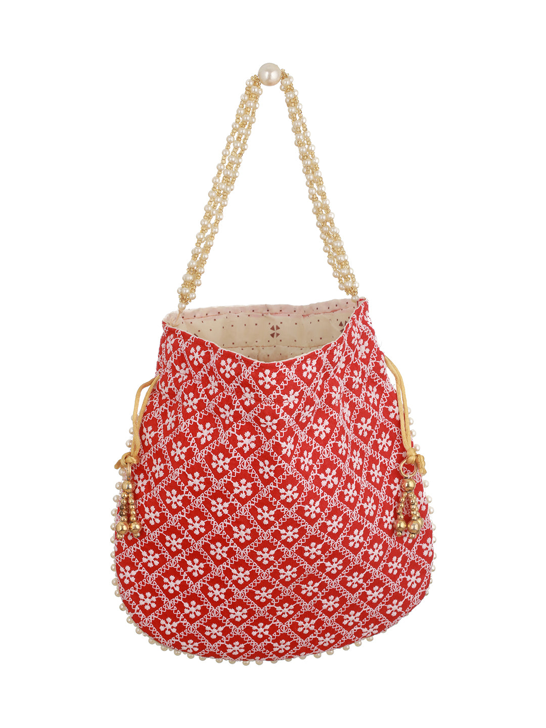 Red & Gold-Toned Chikan Embroidered work Potli Clutch - Jazzandsizzle