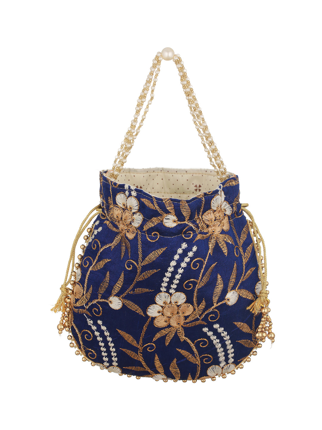Royal Blue & Gold Embroidered Embellished Potli Clutch - Jazzandsizzle