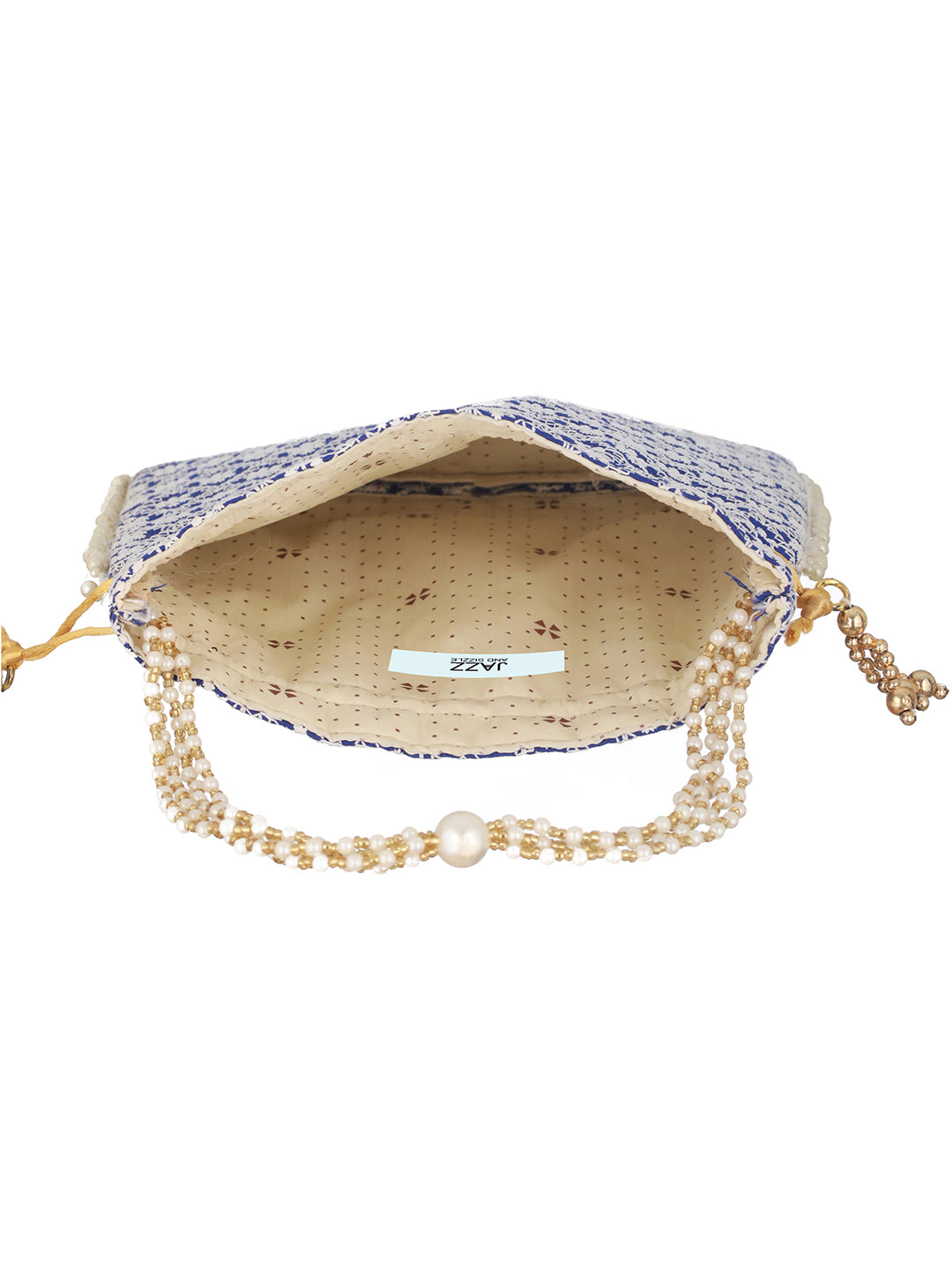 Blue & Gold-Toned Chikan Embroidered work Potli Clutch - Jazzandsizzle