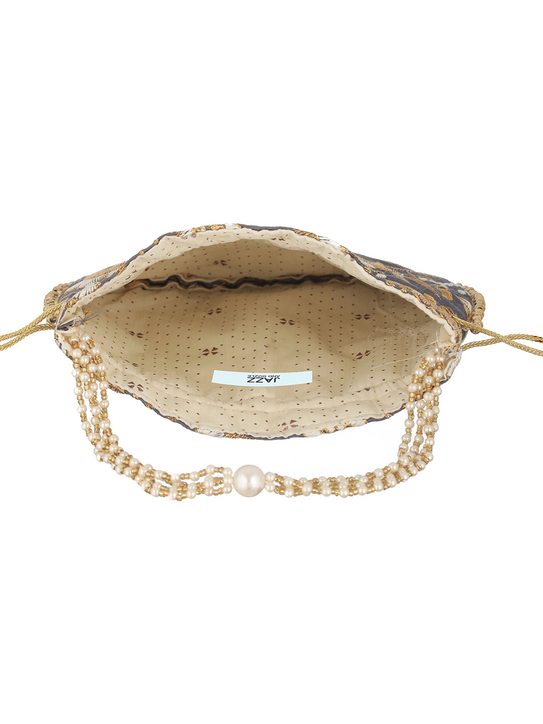 Grey & Gold Embroidered Embellished Potli Clutch - Jazzandsizzle
