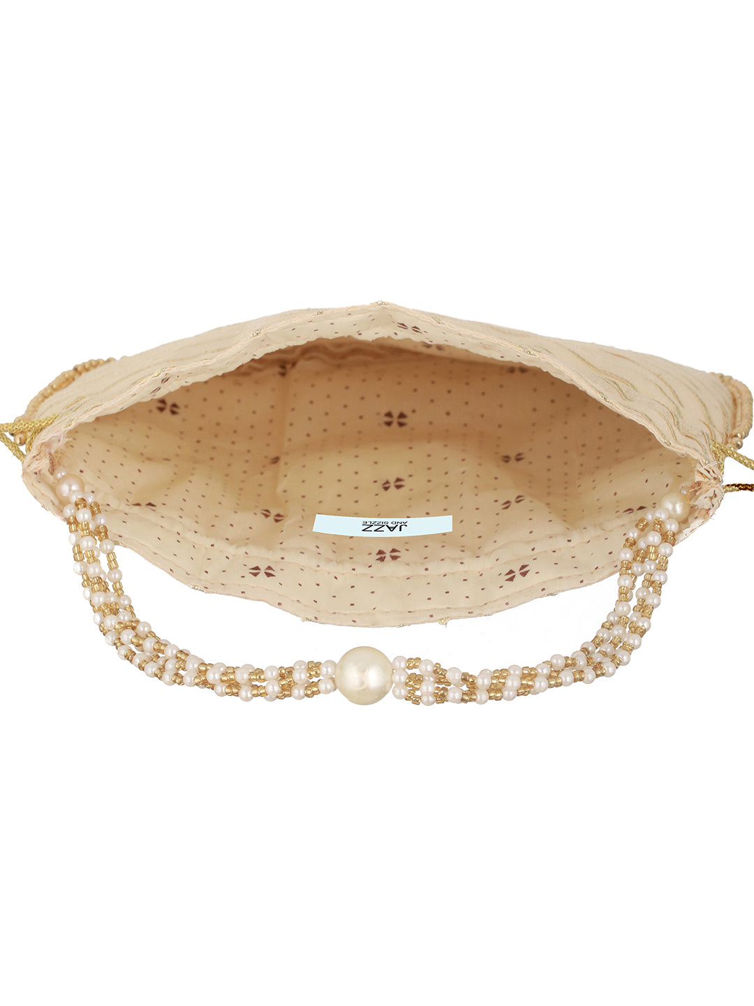 Jazz And Sizzle Gold Embellished Potli Clutch with Pearl Beaded Handle & Drawstrings - Jazzandsizzle