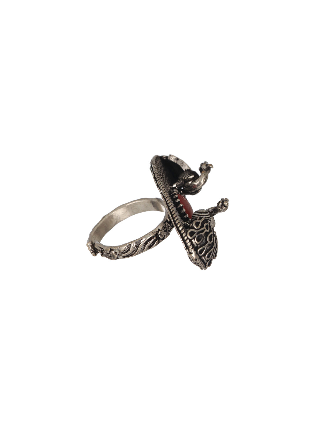 Jazz And Sizzle Oxidized Silver-Plated & Red Stone Studded Handcrafted Adjustable Finger Ring - Jazzandsizzle