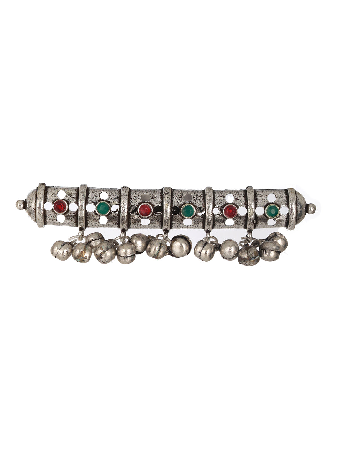 Jazz And Sizzle Silver Plated Red &amp; Green Stone Studded Adjustable Finger Ring - Jazzandsizzle