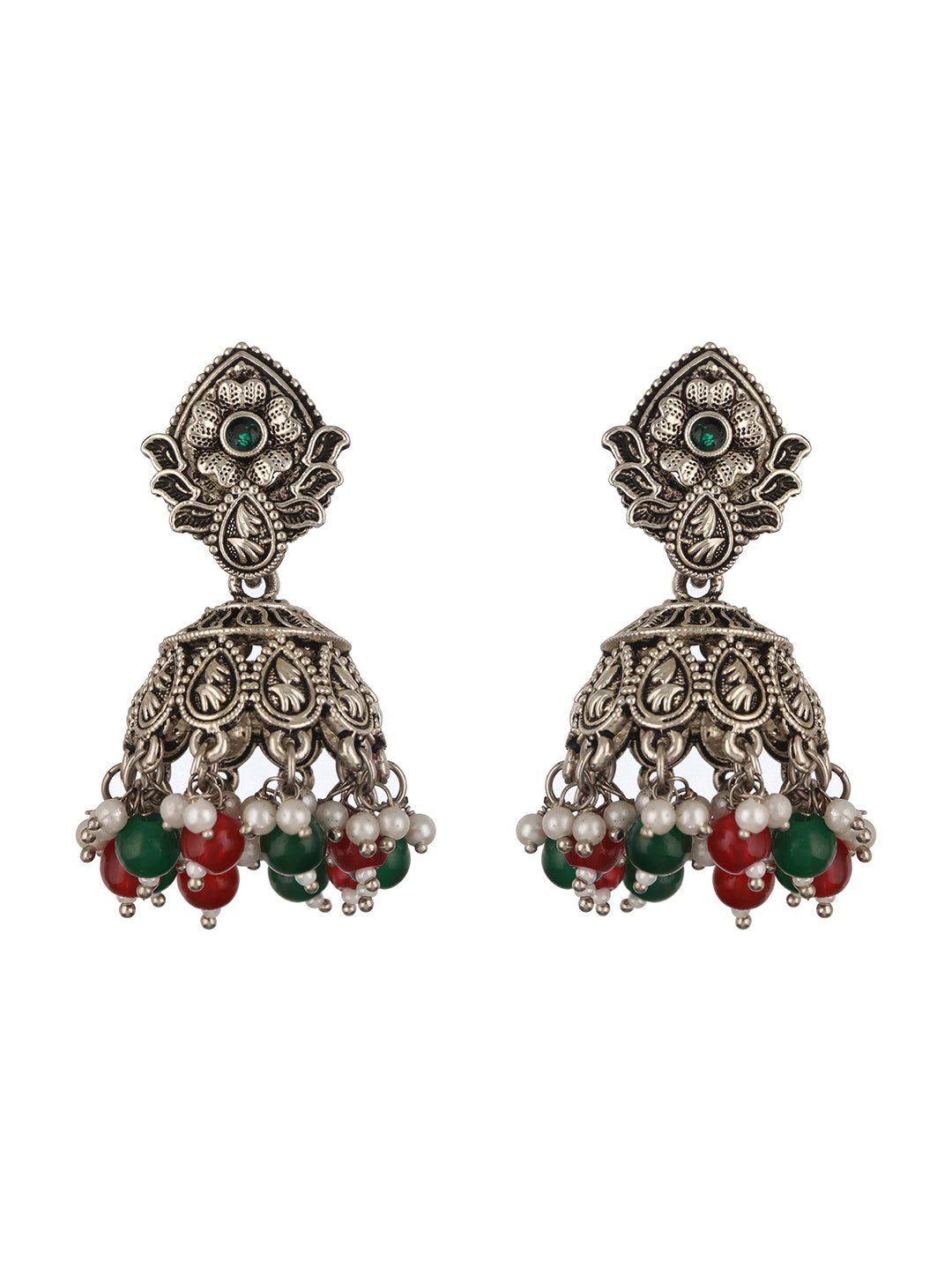 Silver-Plated Pearl-Studded Dome Shaped Jhumkas Earrings - Jazzandsizzle