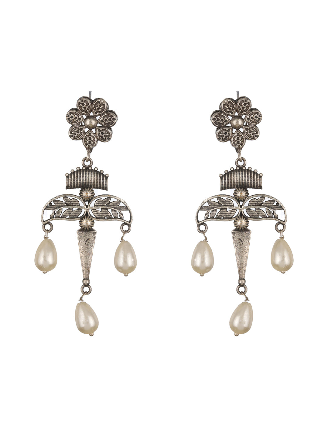 Silver Plated Floral Shaped Contemporary Pearl Drop Earrings - Jazzandsizzle