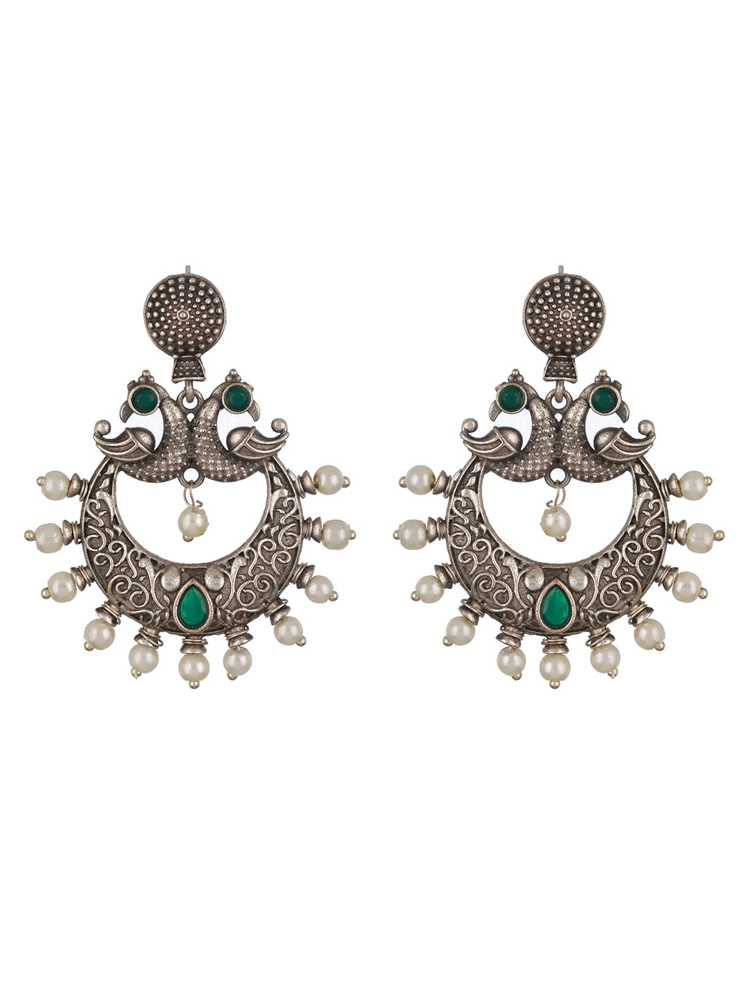 Oxidized Silver-Toned Green Stone studded & Pearl Dome Shaped Chandbalis - Jazzandsizzle