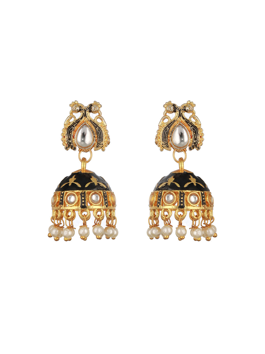Gold Plated Stone Studded Black Meenakari Jhumka Earrings