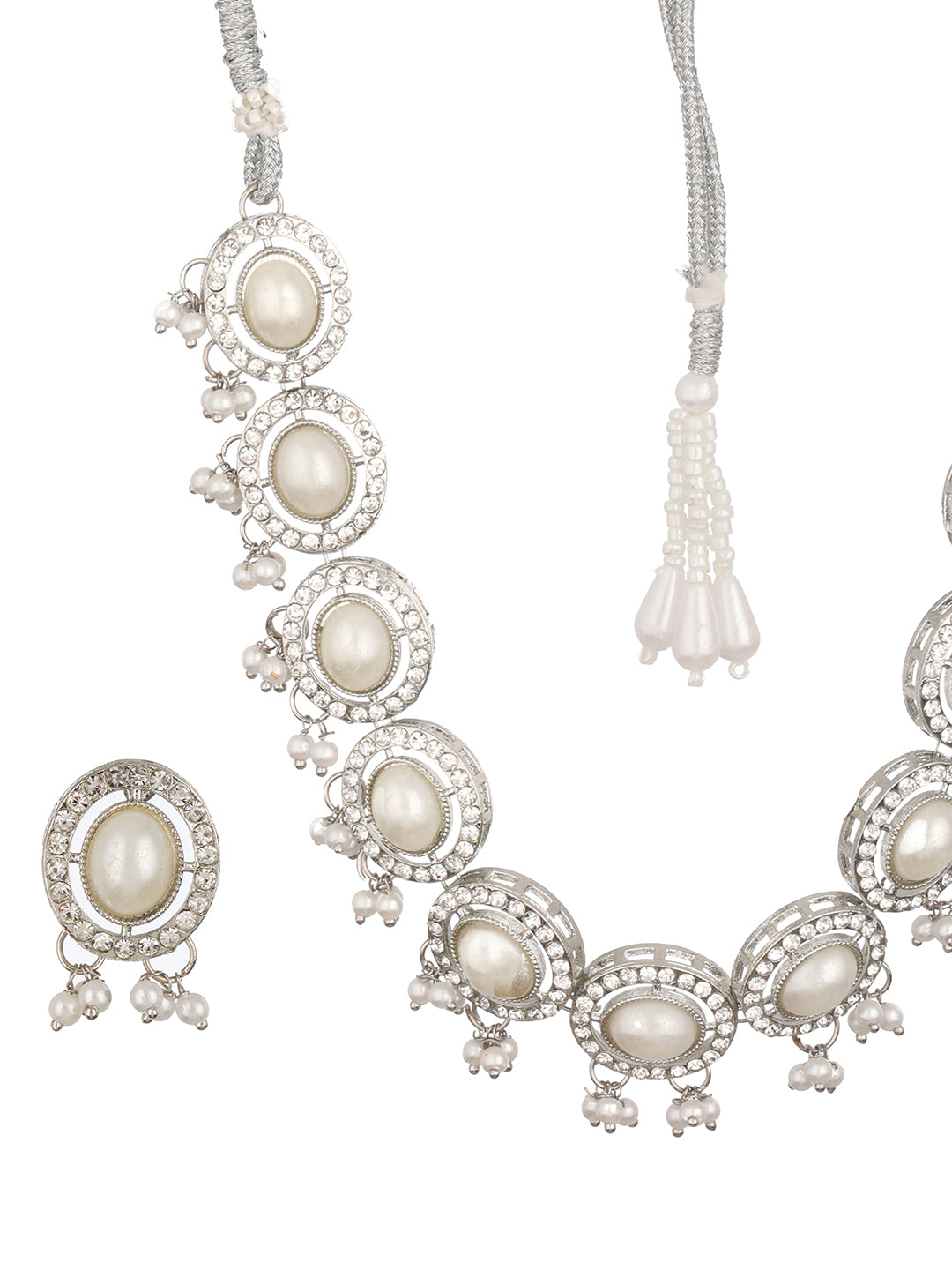 Silver-Plated CZ Stone-Studded & Pearl Beaded Jewellery Set