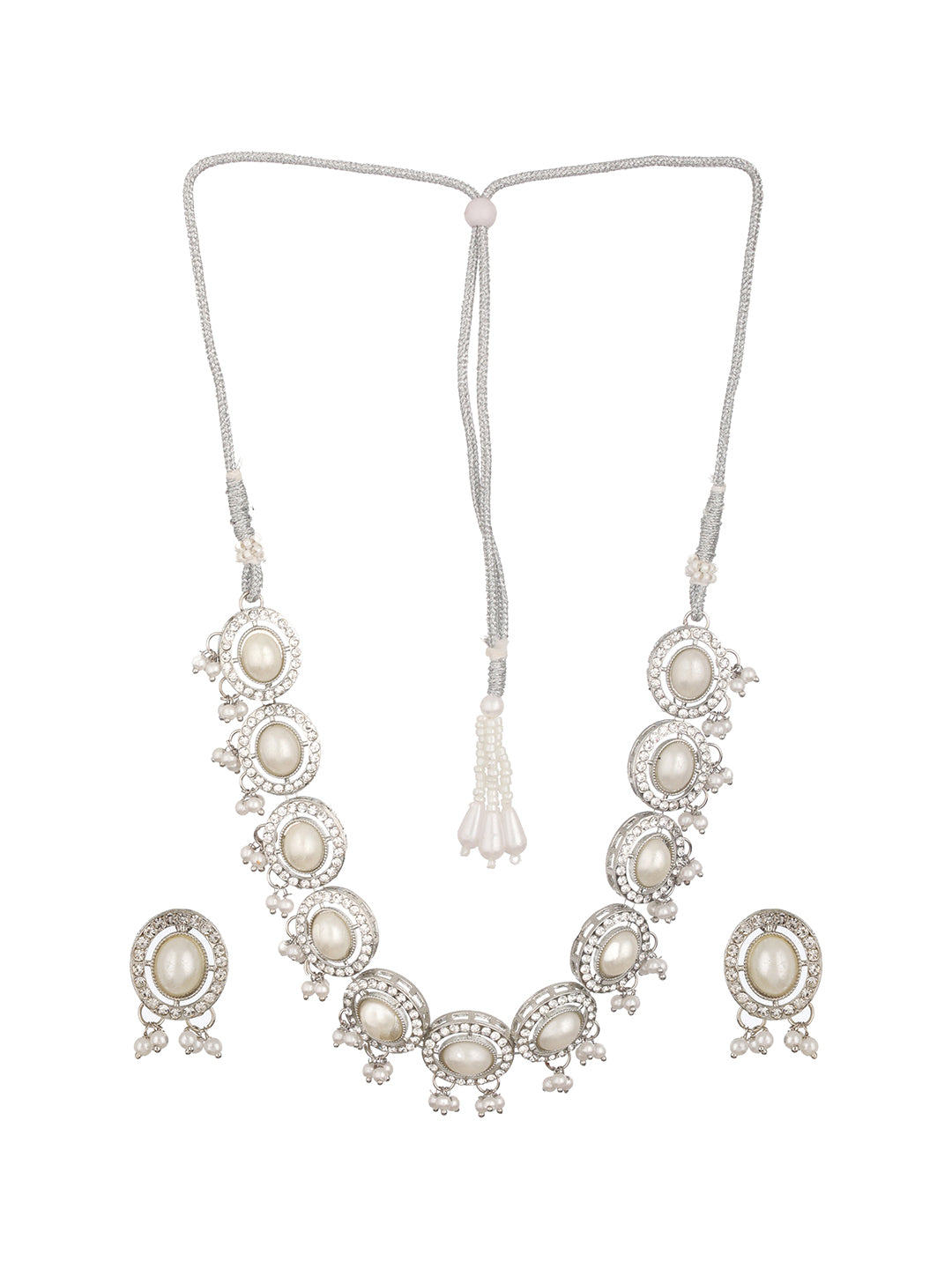 Silver-Plated CZ Stone-Studded & Pearl Beaded Jewellery Set