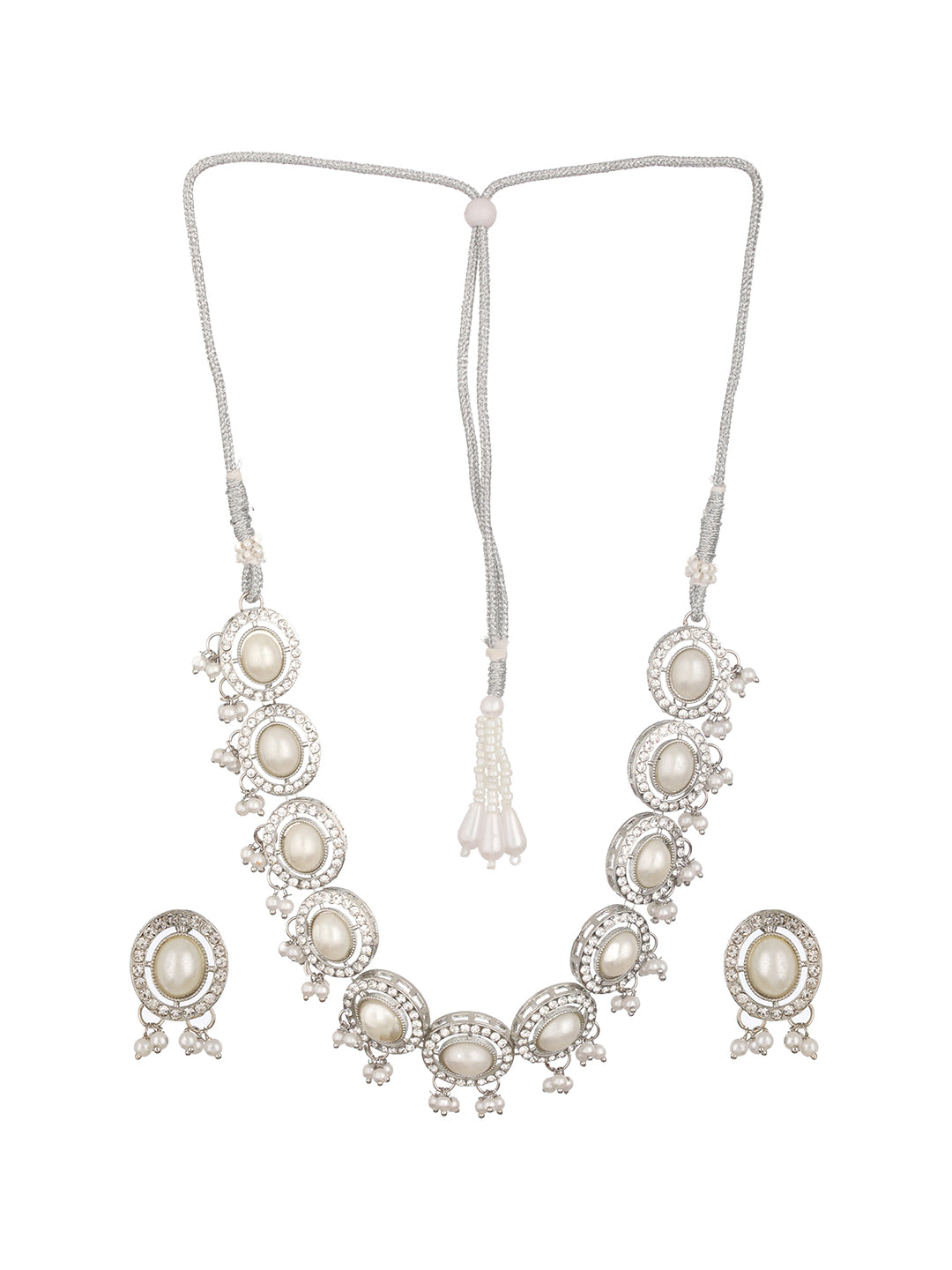 Silver-Plated CZ Stone-Studded & Pearl Beaded Jewellery Set - Jazzandsizzle