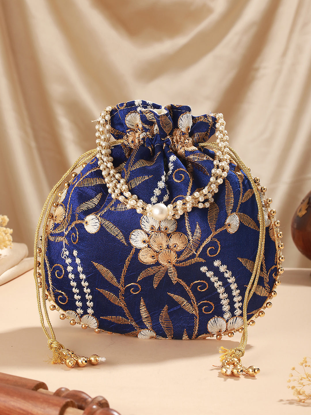 Royal Blue & Gold Embroidered Embellished Potli Clutch - Jazzandsizzle