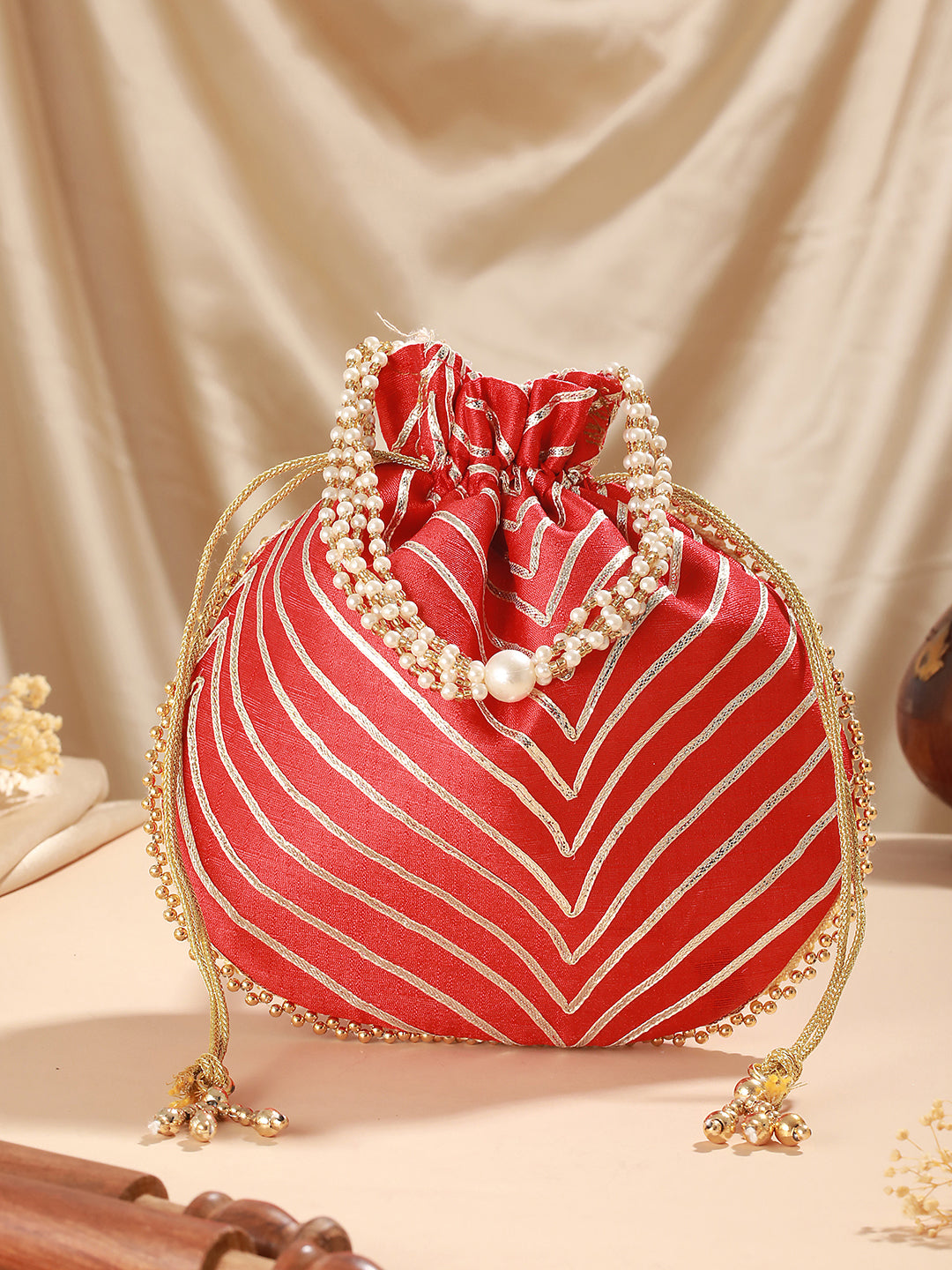 Red & Gold Embellished Potli Clutch - Jazzandsizzle