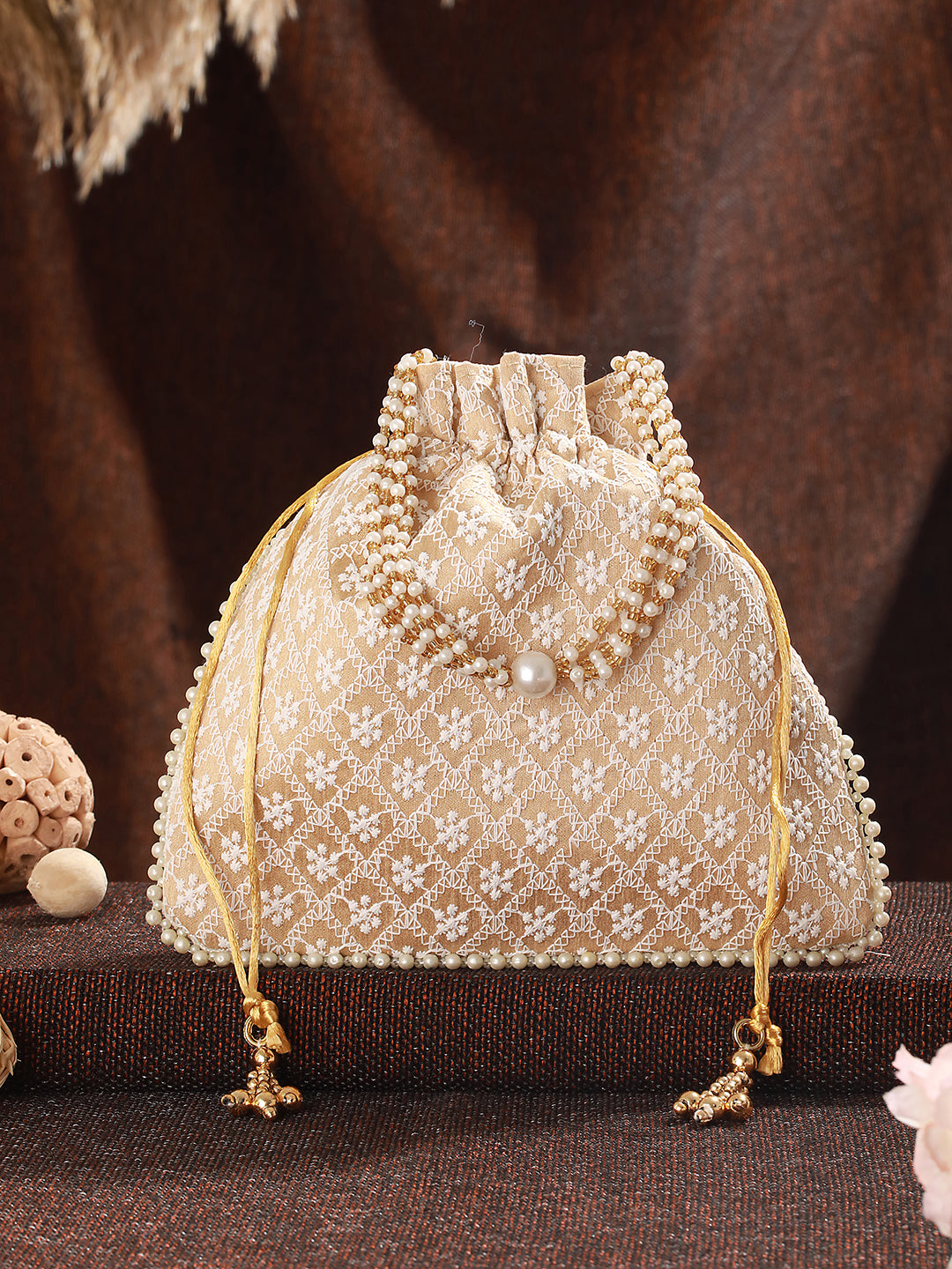 Beige & Gold-Toned Chikan Embroidered work Potli Clutch - Jazzandsizzle