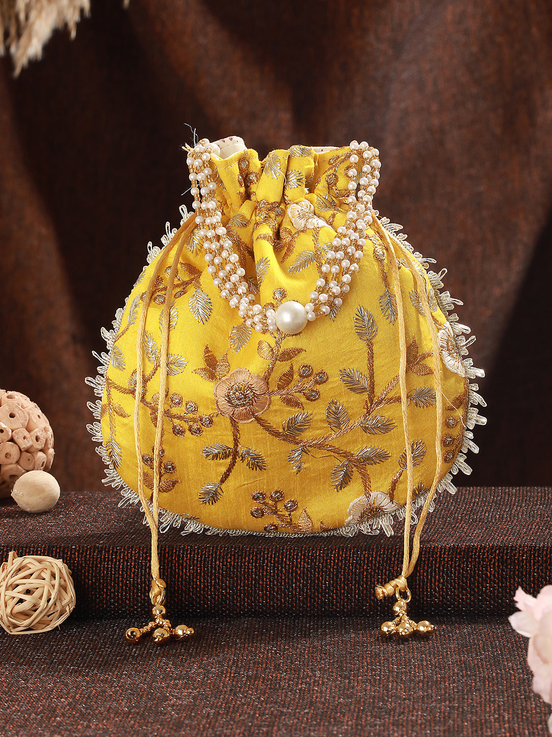 Yellow & Gold-Toned with Rich Embroidered Potli Clutch - Jazzandsizzle