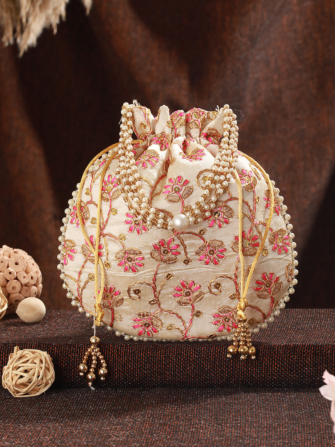 Pink & Gold-Toned with Rich Embroidered Potli Clutch - Jazzandsizzle