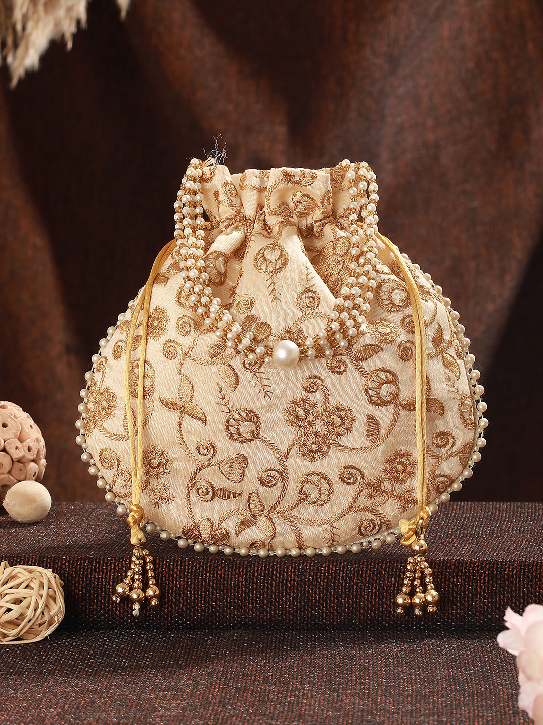 Jazz And Sizzle Golden Classic Potli with Rich Embroidery Clutches - Jazzandsizzle