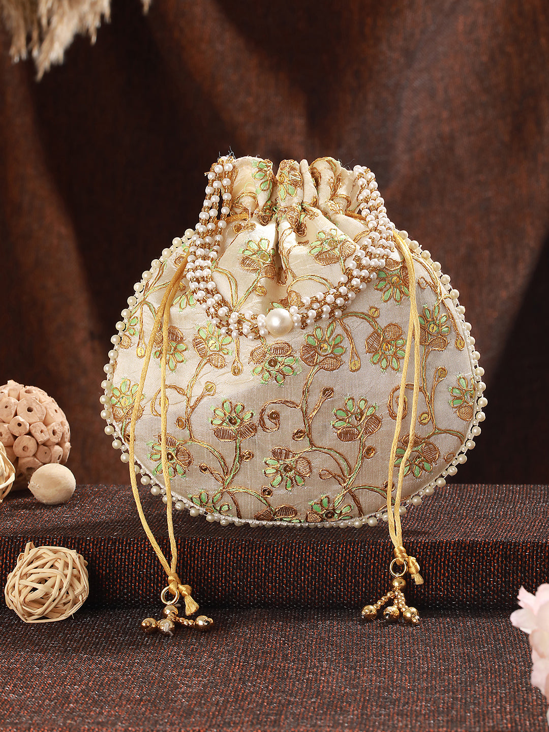 Green & Gold-Toned with Rich Embroidered Potli Clutch - Jazzandsizzle