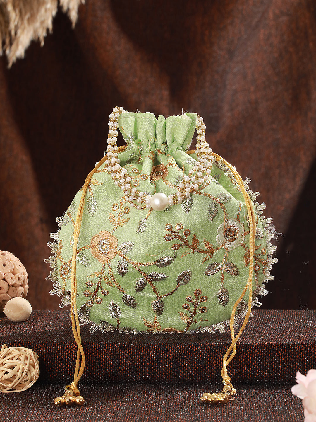 Green & Gold-Toned with Rich Embroidered Potli Clutch - Jazzandsizzle