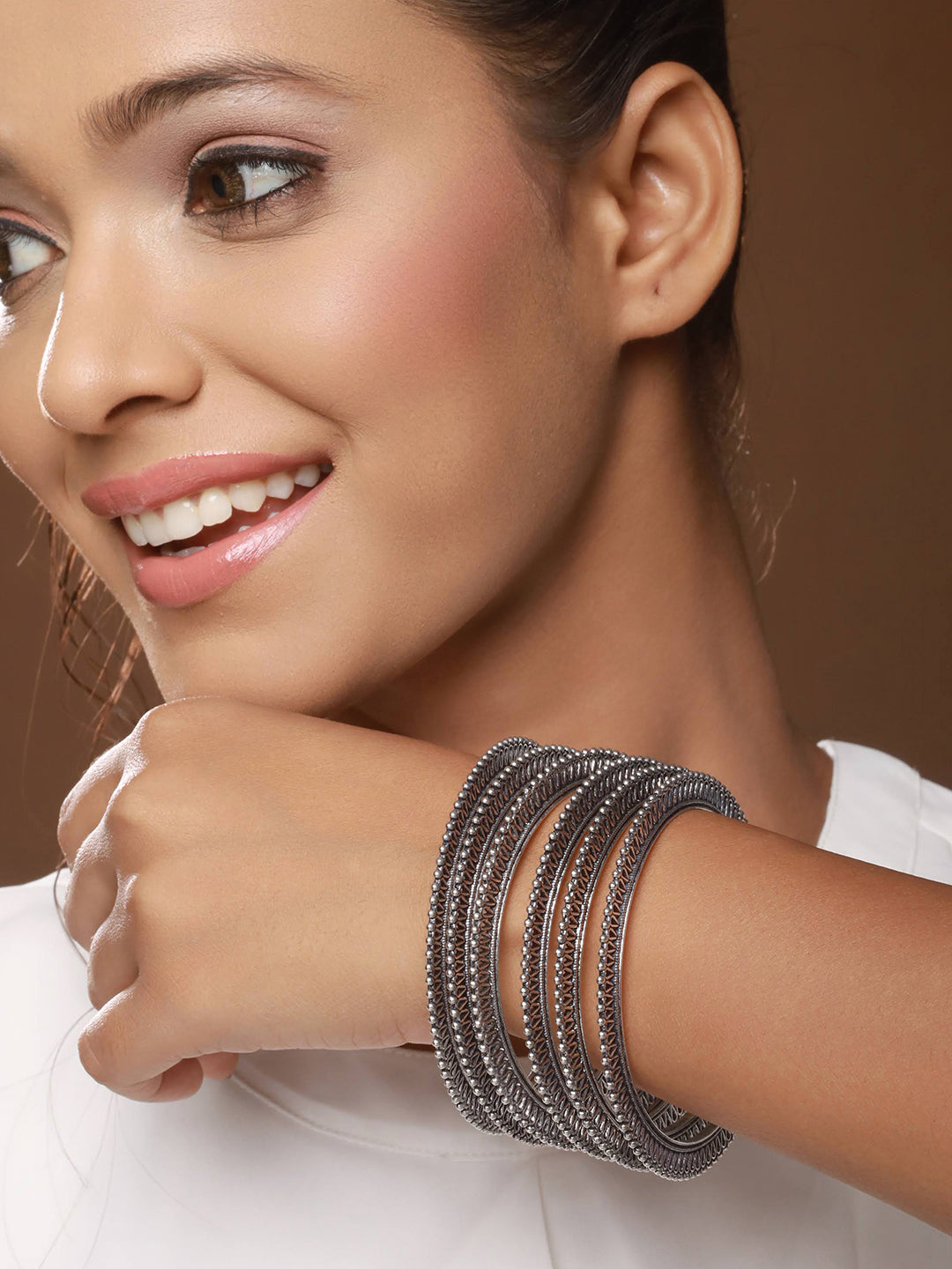 Jazz And Sizzle Set of 6 Oxidised Silver-Plated Oxidised Bangles Set