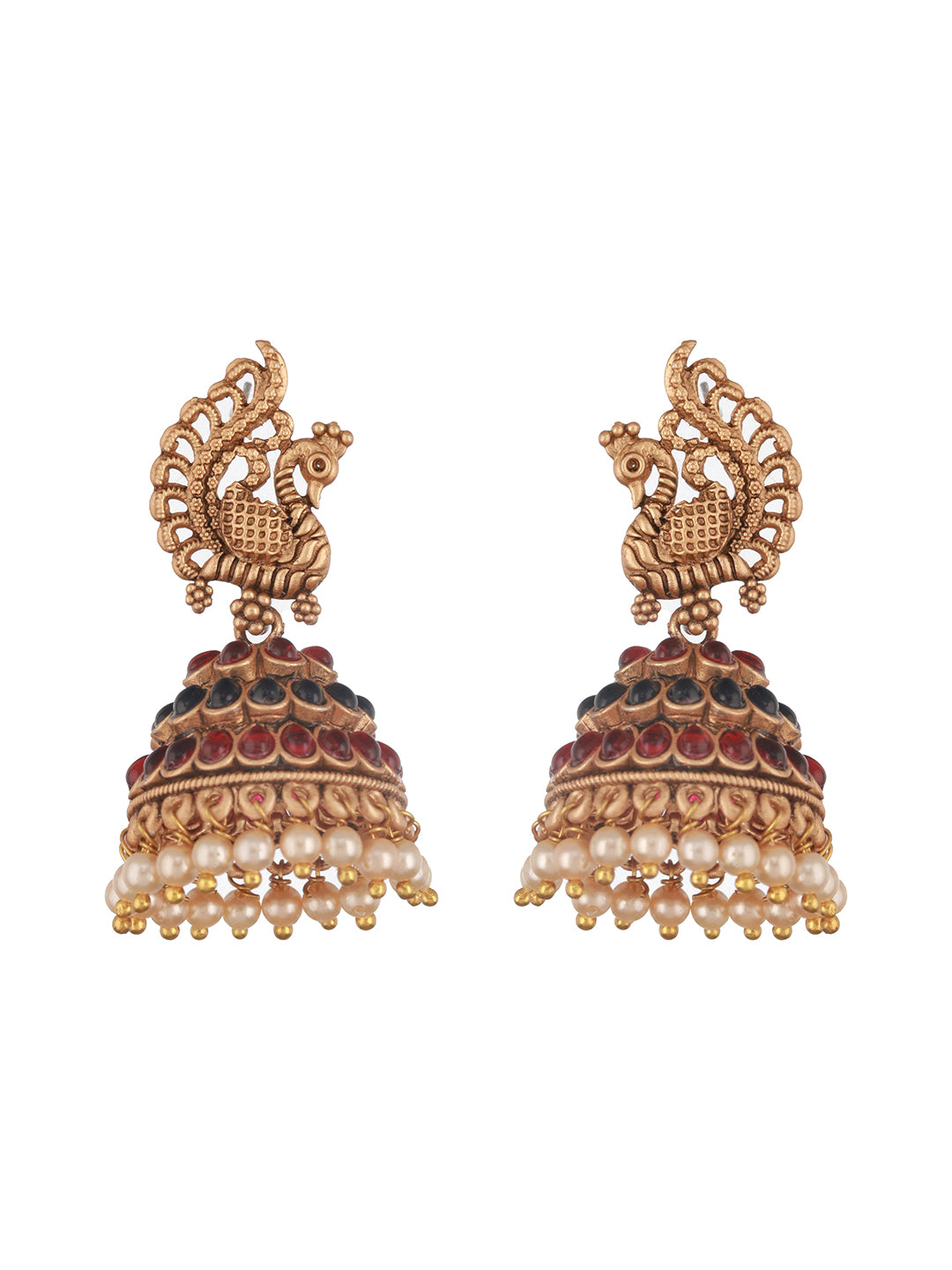 Jazz and Sizzle Matte Gold-Plated Peacock & Dome Shaped Stones Studded & Beaded Jhumkas