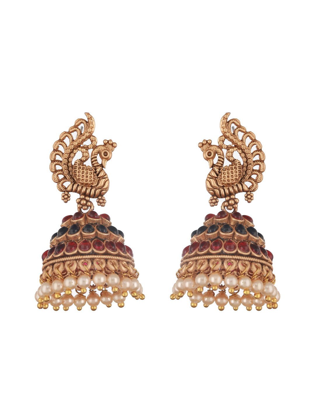 Jazz and Sizzle Matte Gold-Plated Peacock & Dome Shaped Stones Studded & Beaded Jhumkas