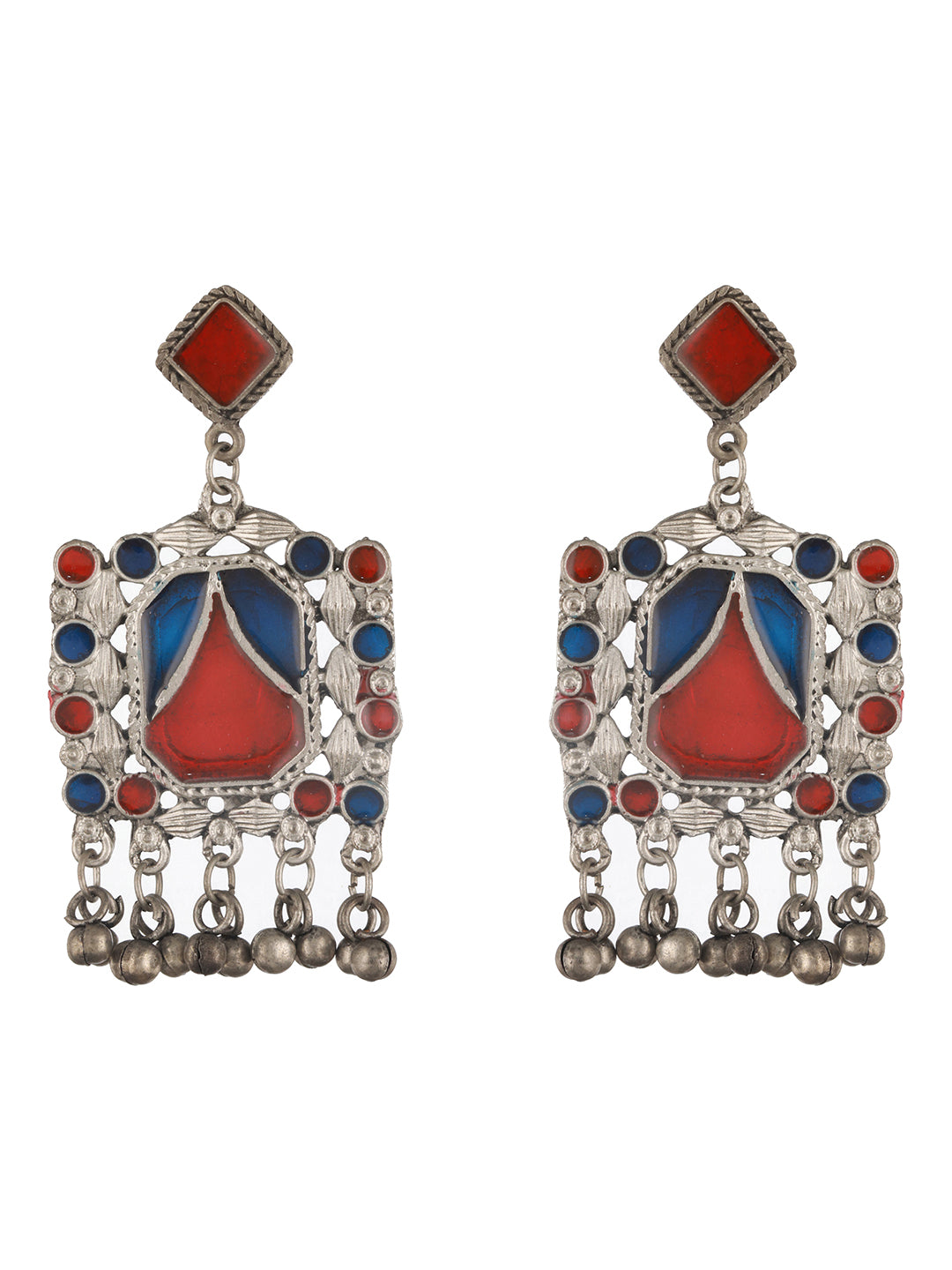 Jazz And Sizzle Silver-Toned Red & Blue Square Shaped Enameled Drop Earrings - Jazzandsizzle
