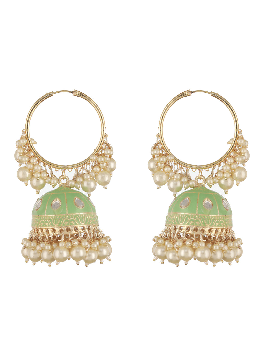 Gold Plated Kundan Studded Green Hoop Jhumka Earrings