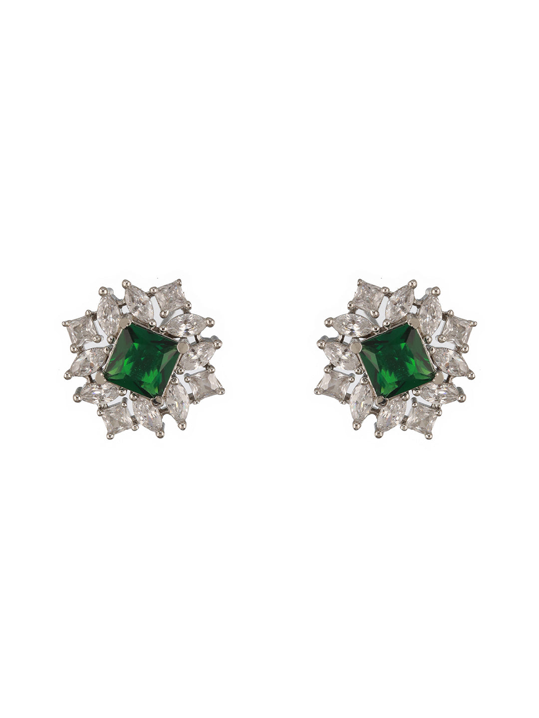 Jazz And Sizzle Silver-Toned & Green Cubic Zirconia-Studded Classic Studs Earrings - Jazzandsizzle