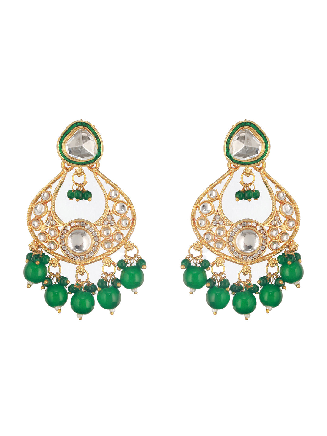 Gold-Plated Green & White Kundan-Studded & Beaded Handcrafted Jewelry Set With Maangtikka