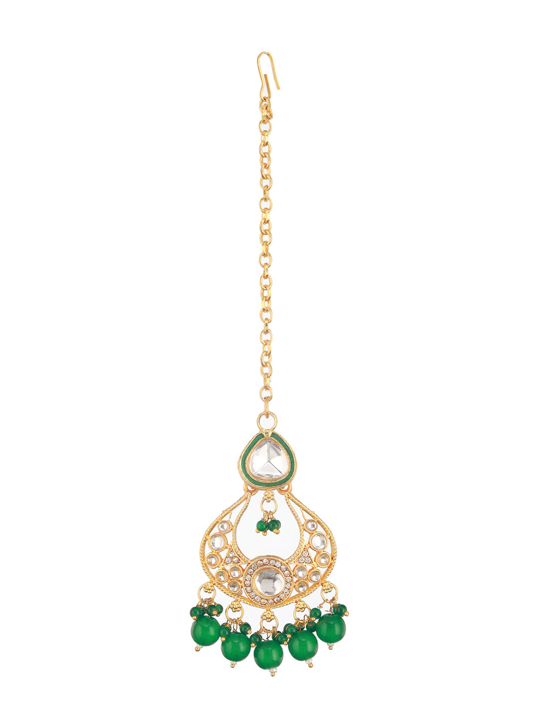 Gold-Plated Green & White Kundan-Studded & Beaded Handcrafted Jewelry Set With Maangtikka