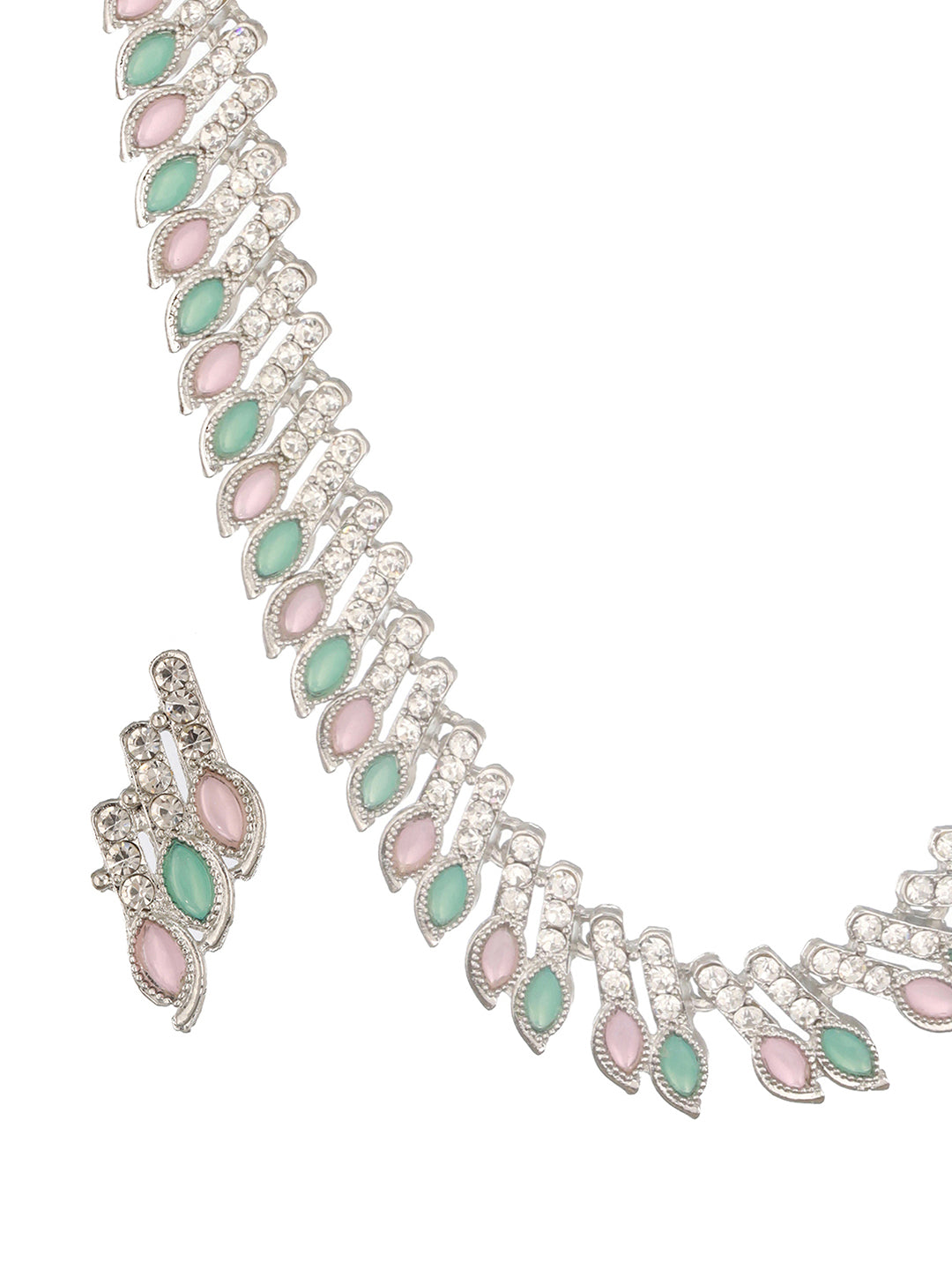 Jazz And Sizzle Silver-Plated Mint Green & Pink Stone & CZ Studded Jewelry Set - Jazzandsizzle