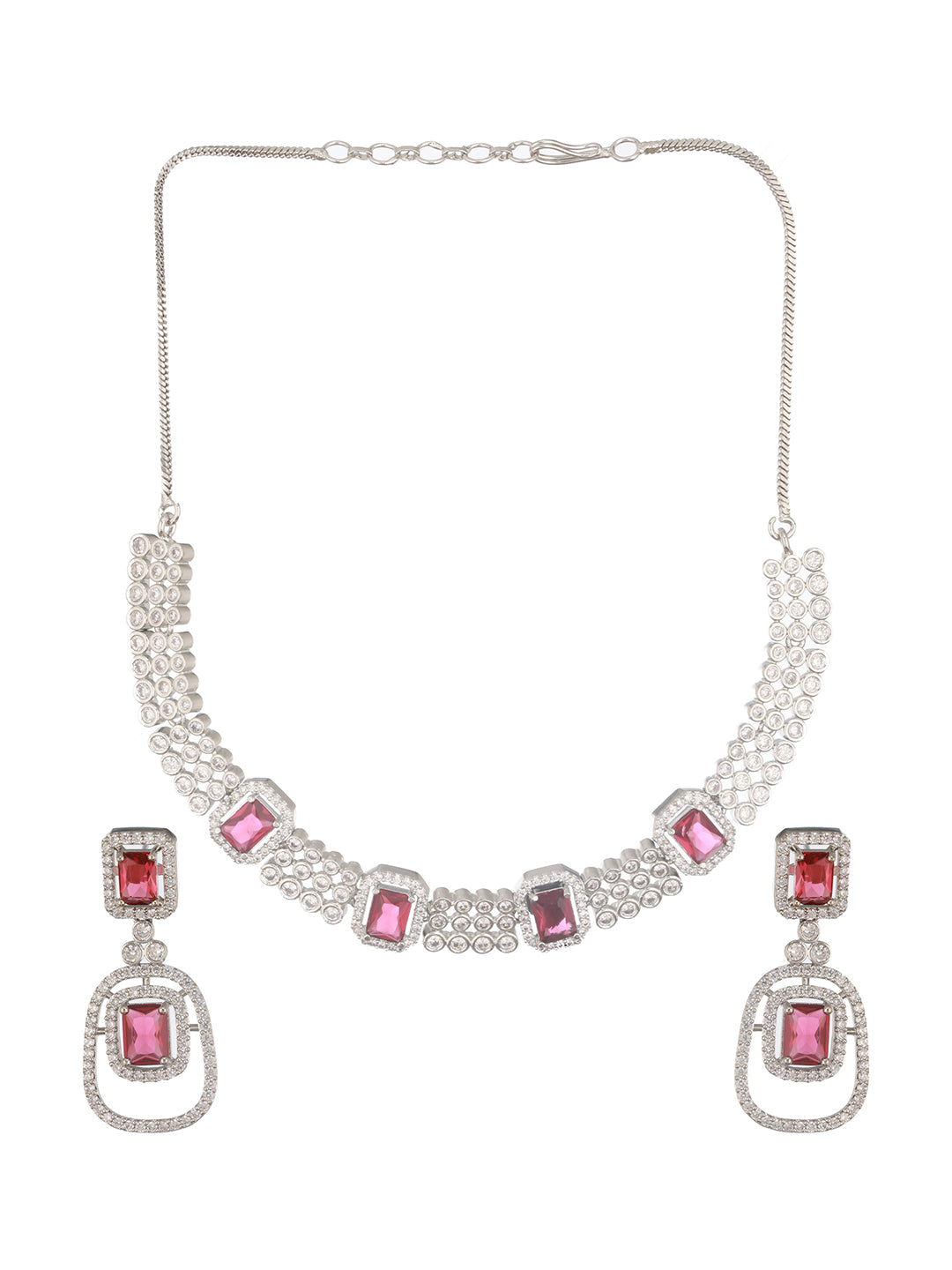 Jazz And Sizzle Silver Plated Red American Diamond Studded Handcrafted Jewelry Set - Jazzandsizzle