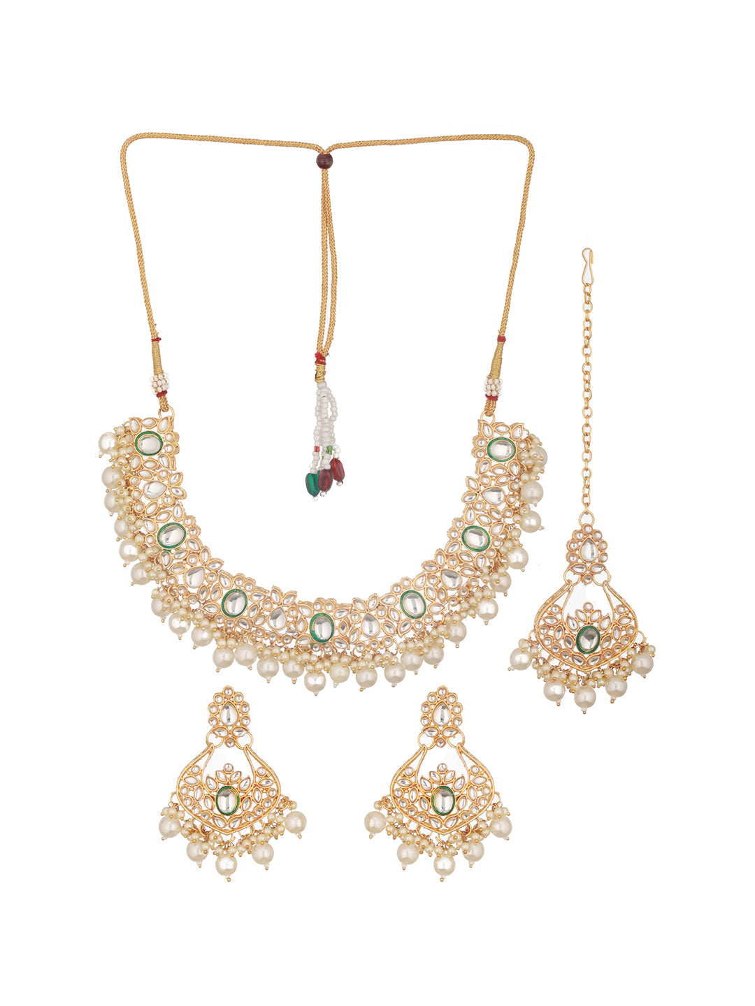 Jazz and Sizzle Gold Plated Kundan Studded & Beaded Jewellery Set with Maangtikka