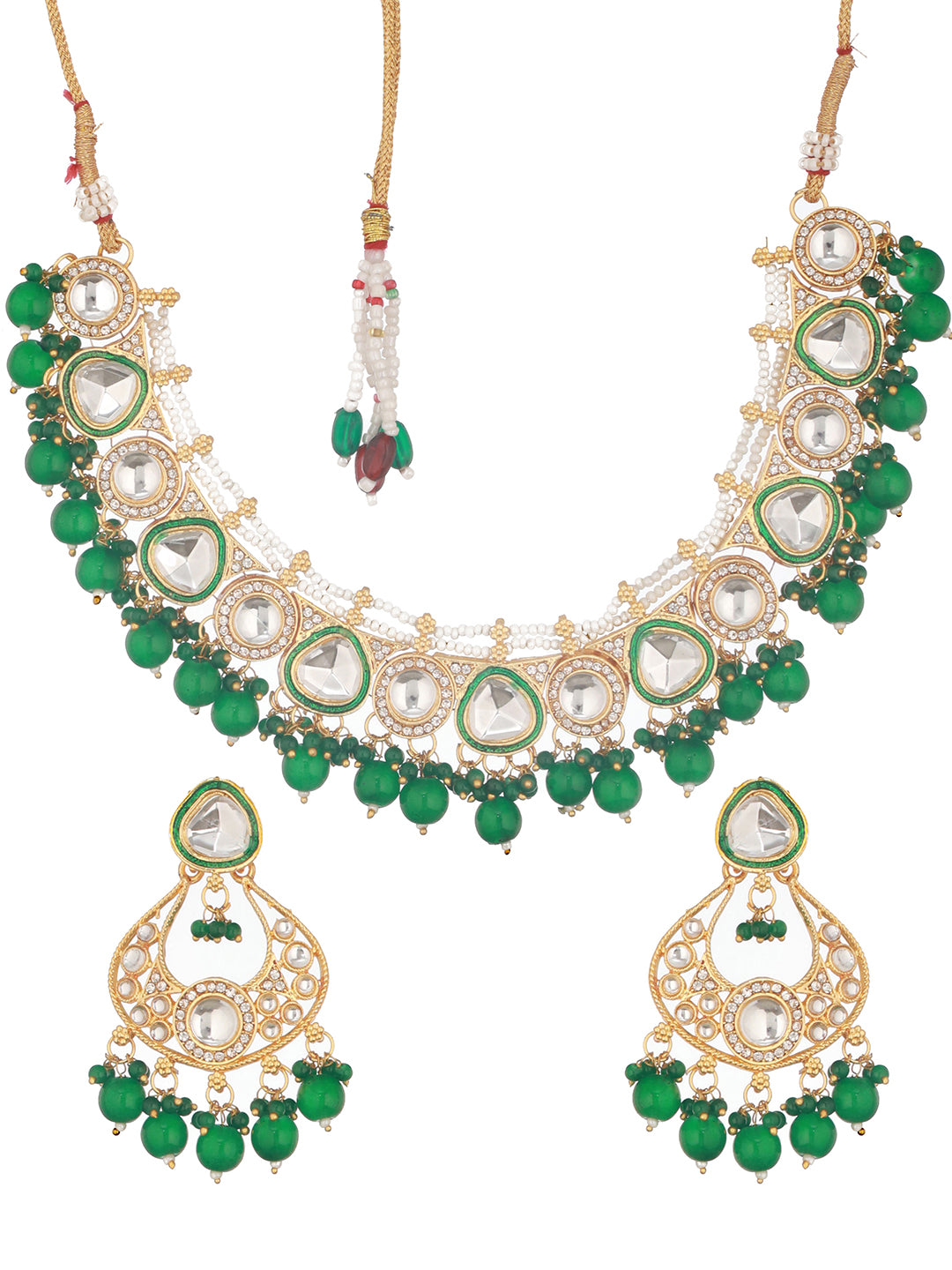 Gold-Plated Green & White Kundan-Studded & Beaded Handcrafted Jewelry Set With Maangtikka