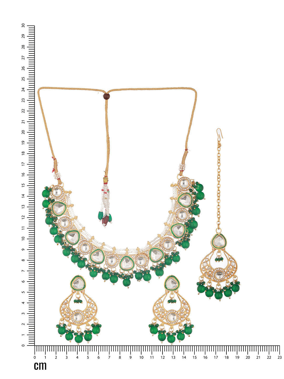 Gold-Plated Green & White Kundan-Studded & Beaded Handcrafted Jewelry Set With Maangtikka