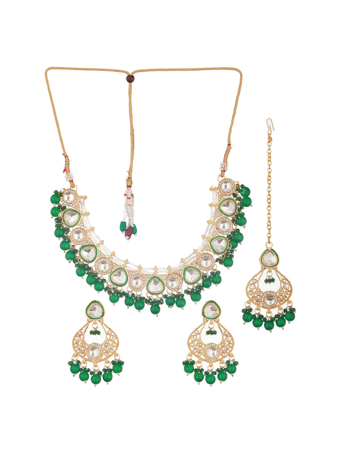 Gold-Plated Green & White Kundan-Studded & Beaded Handcrafted Jewelry Set With Maangtikka