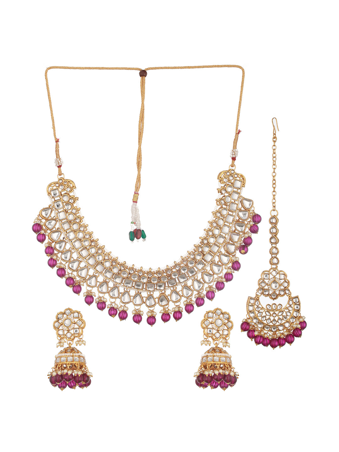 Jazz And Sizzle Gold-Plated & Wine Kundan Studded Jewelry Set with Maangtikka